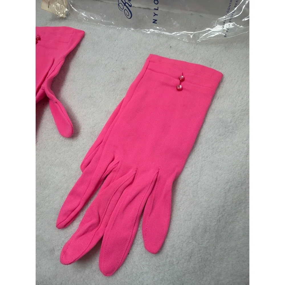 NOS VTG 70s Reigning Beauty Gloves Womens 7 Pink Nylon Double Button Japan